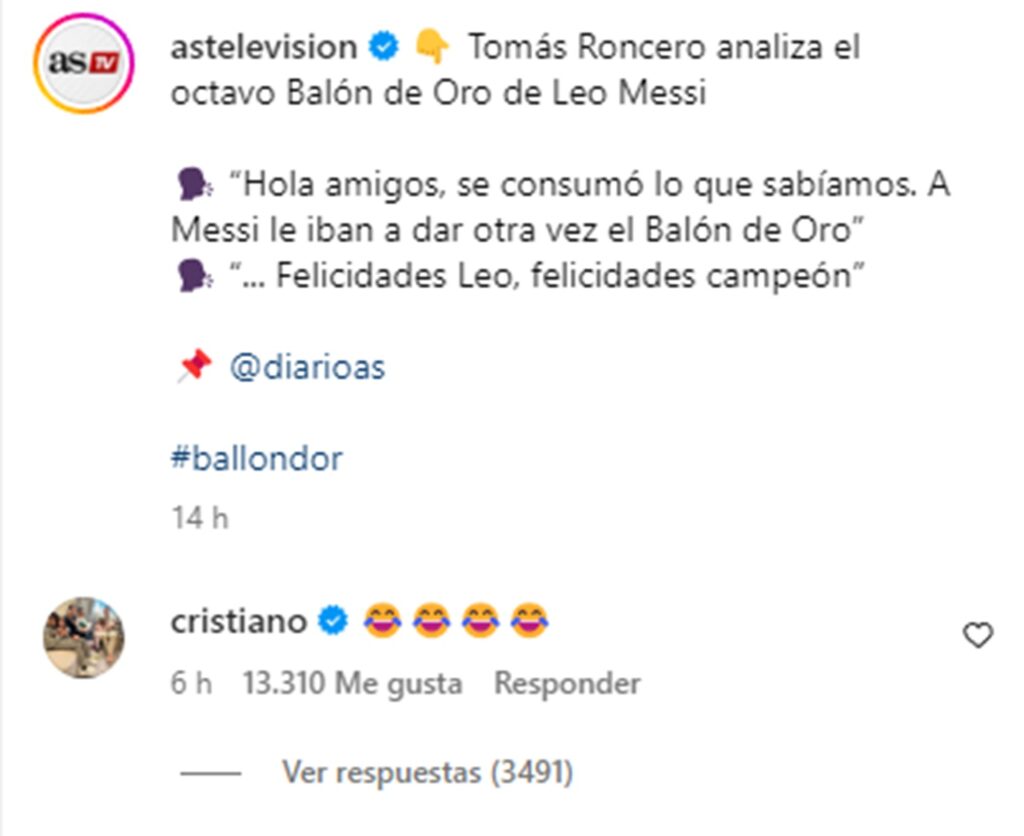 Cristiano Ronaldo comentó publicación de opinión en contra de Messi. / Captura de pantalla.