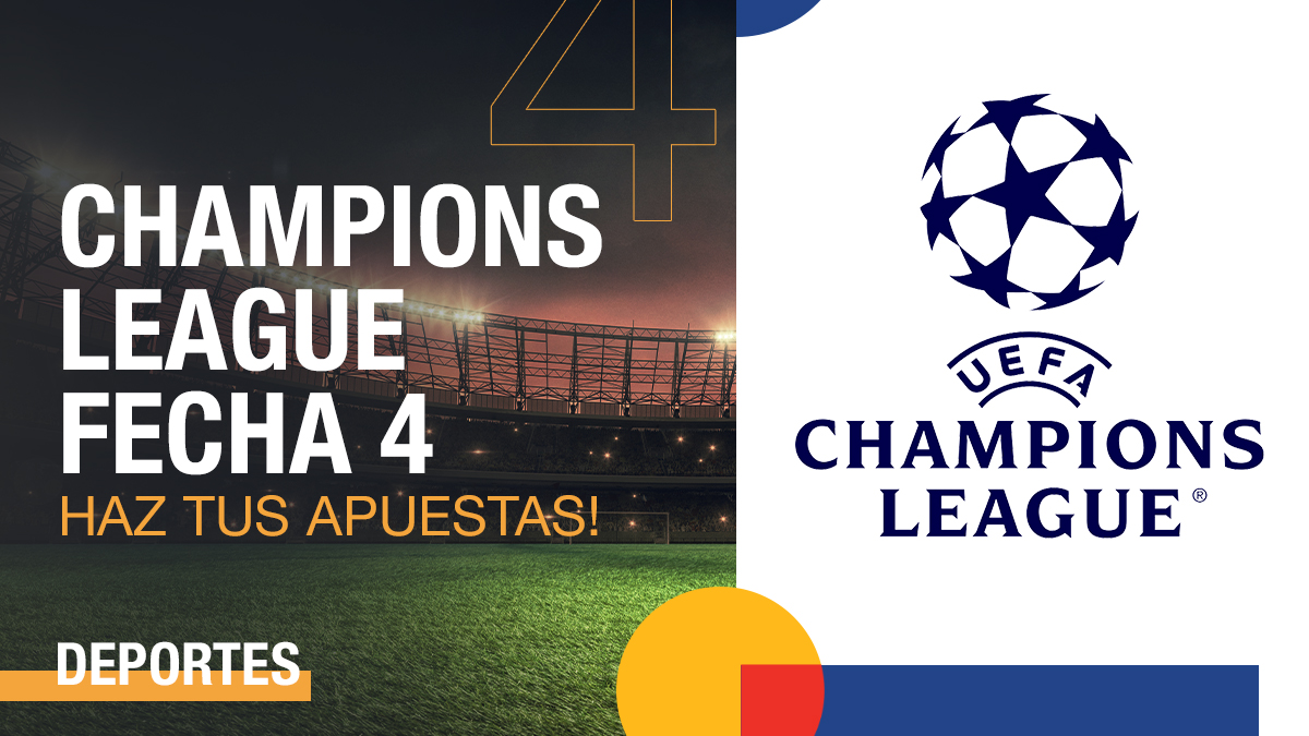 Logo de la UEFA Champions League al lado de un estadio de fútbol por dentro en la noche