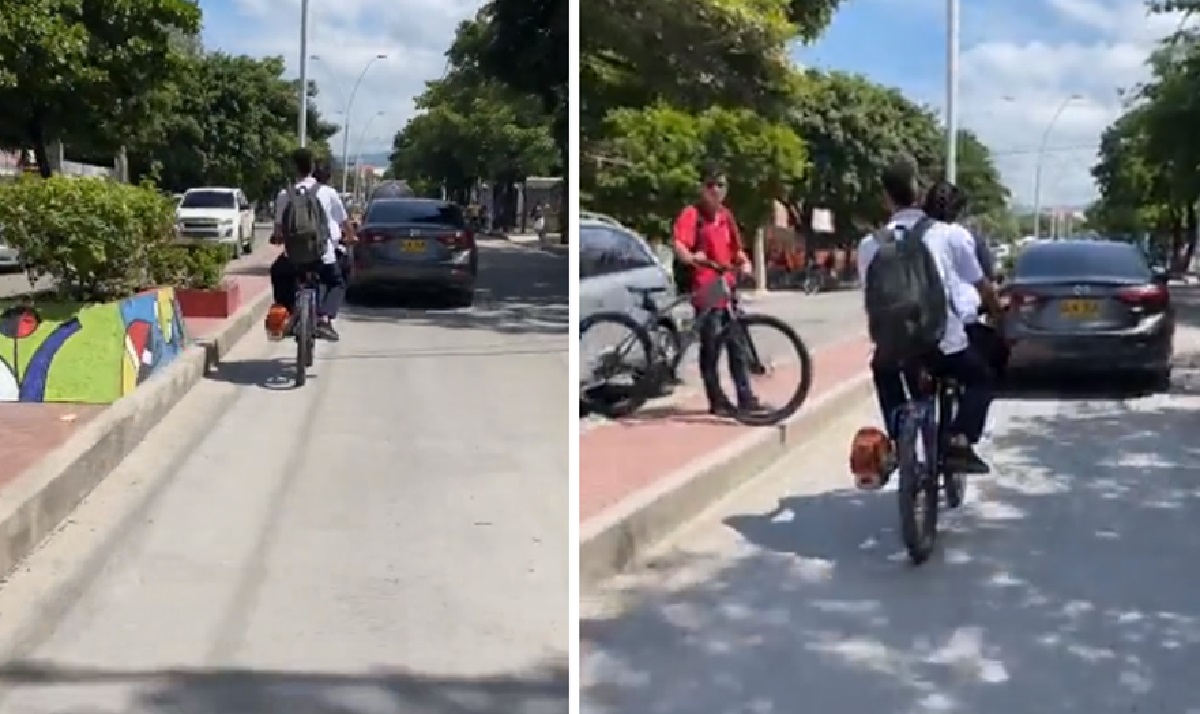 Estudiantes son la sensación en redes por transportarse en bicicleta con motor de guadaña