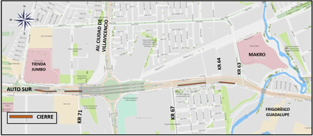 Mapa de los cierres viales en la Autopista Sur sentido occidente-oriente - Foto: Secretaría Distrital de Movilidad.