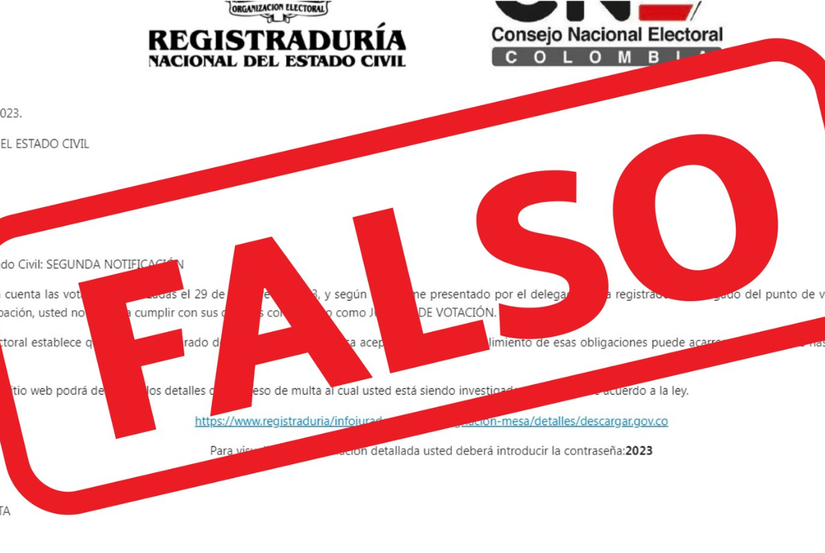 Alertan por estafas en Colombia con falsos correos que están llegando de la Registraduría Nacional sobre sanciones a jurados de votación. 