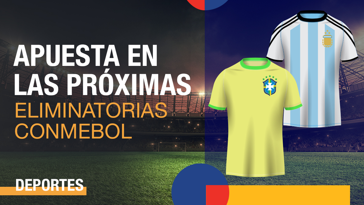 Camisetas de las selecciones de Brasil y de Argentina con un estadio vacío por dentro y de noche al lado de una frase incentivando a las apuestas deportivas