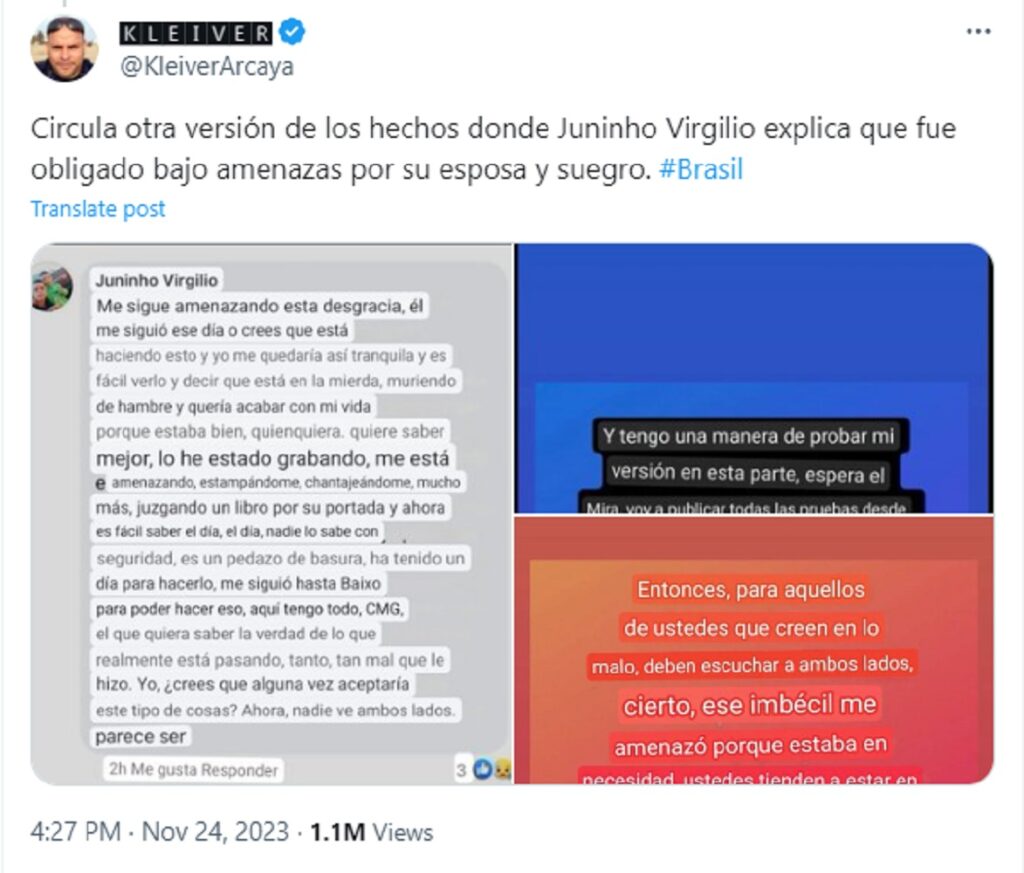 Tuit que muestra la respuesta del hombre que le fue infiel a su novia con el padre de ella | Twitter @KleiverArcaya