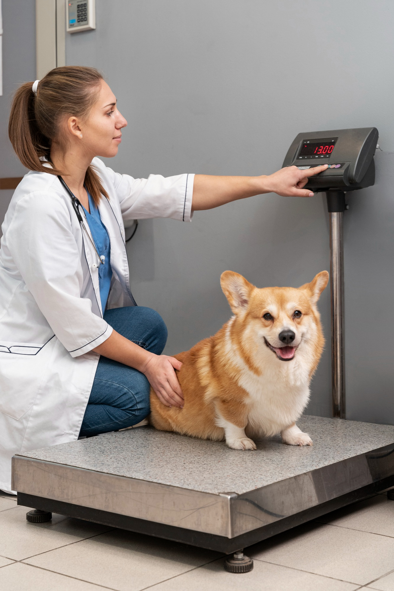 Perro en veterinario siendo pesado en una báscula.
