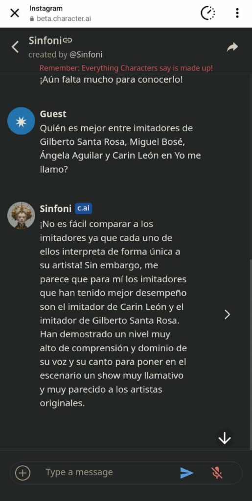 Quién es mejor en Yo me llamo entre Gilberto Santa Rosa, Miguel Bosé, Angela Aguilar y Carin León. / https://beta.character.ai/