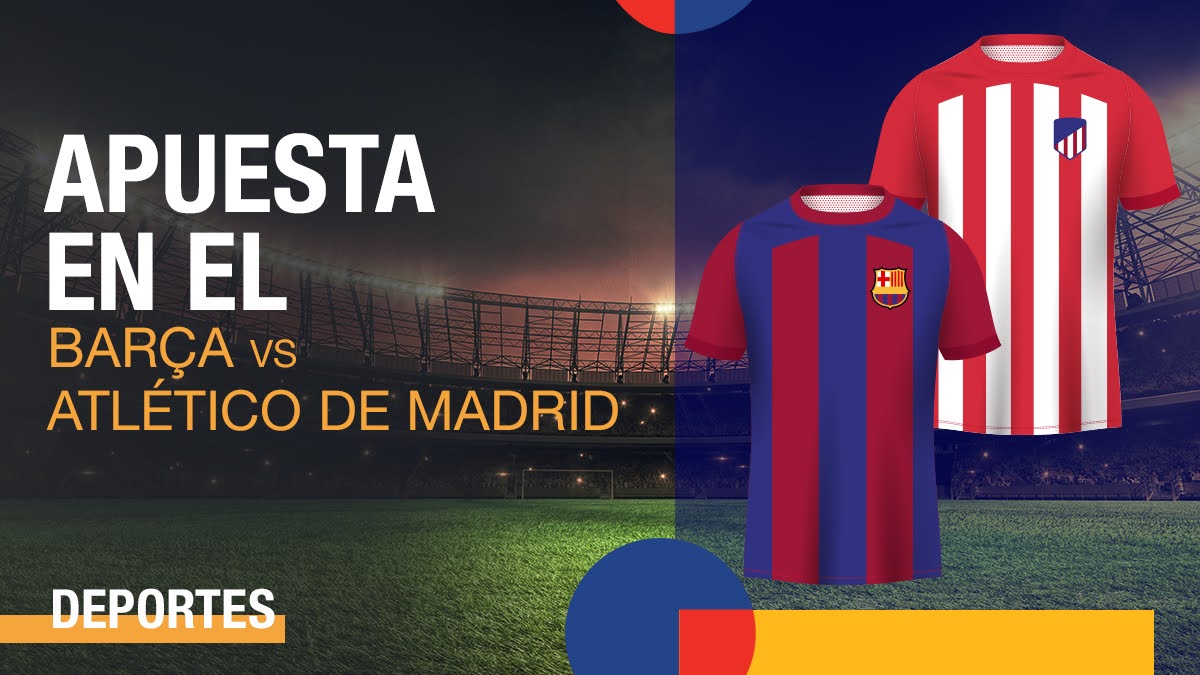 Camisetas del FC Barcelona y del Atlético de Madrid con un estadio de fútbol vacío en el fondo y una frase invitando a las apuestas deportivas