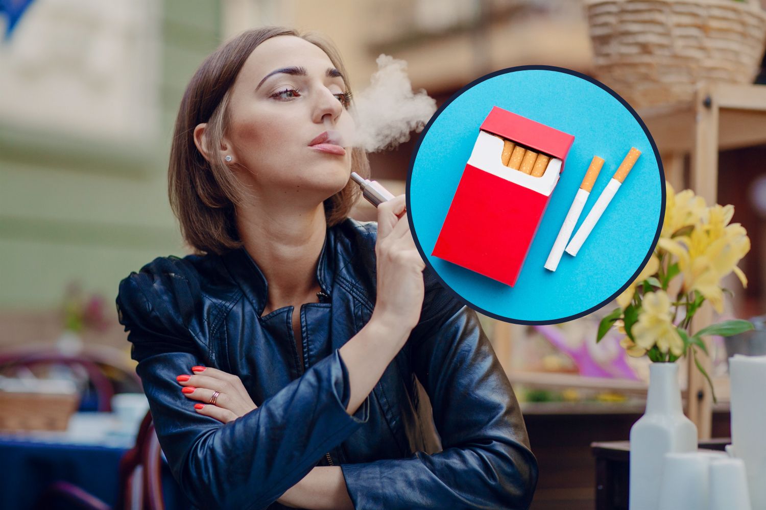 Mujer fumando con un vareador, y al lado un cigarrillo.