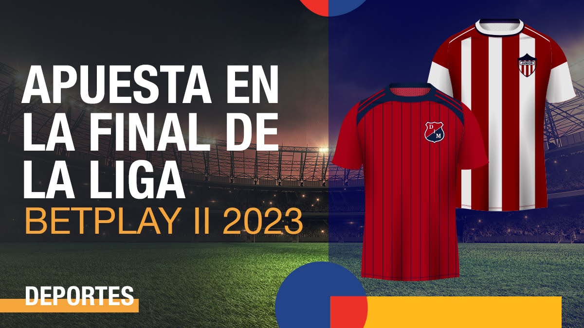 Camisetas de los clubes Independiente Medellín y Junior de Barranquilla con un estadio vacío de fondo y una frase ofreciendo apuestas deportivas