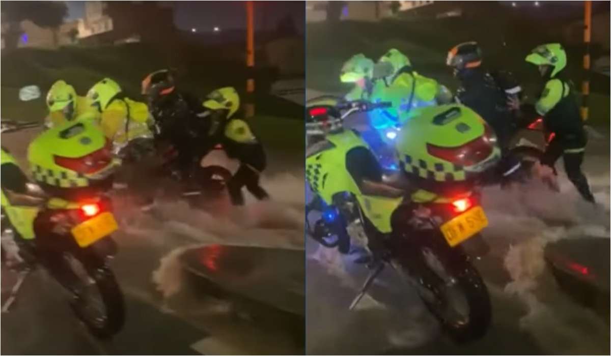 Fotos de rescate durante lluvias, en nota de policías de Bogotá salvaron a motociclista por corriente de aguacero que casi lo arrastra