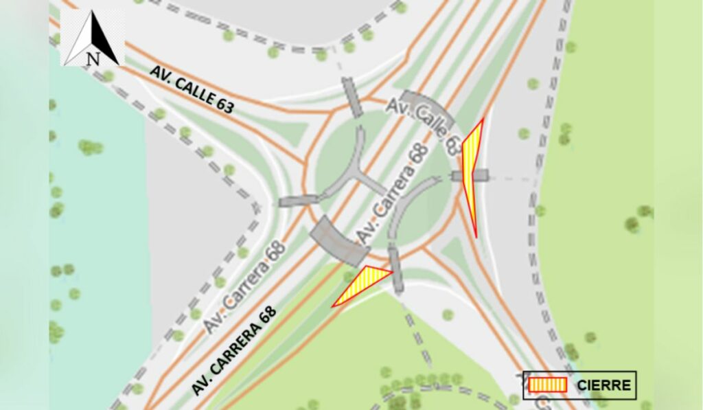 Mapa de cierres viales en la glorieta de la Avenida Cra. 68 con Calle 63 - Foto Secretaría Distrital de Movilidad.