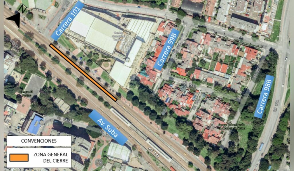 Mapa del cierre vial en la Avenida Suba entre las carreras 101 y 99B - Foto Secretaría Distrital de Movilidad.