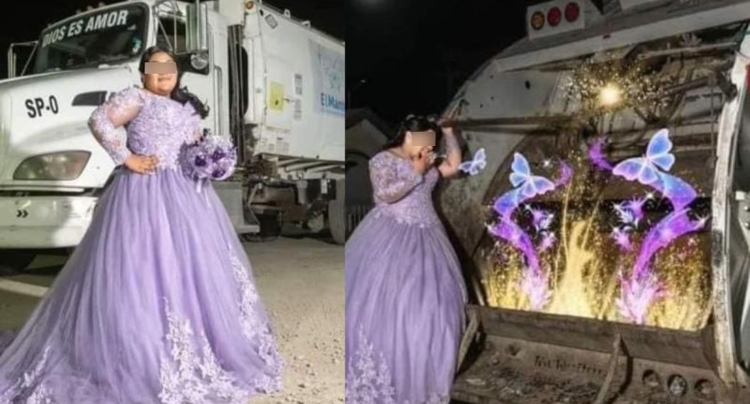 Joven quinceañera de México que posó muy orgullosa frente al camión de la basura de su padre