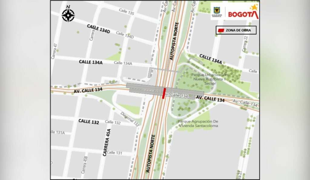 Mapa del cierre en la Autopista Norte con Avenida Calle 134 - Foto: Secretaría de Movilidad.