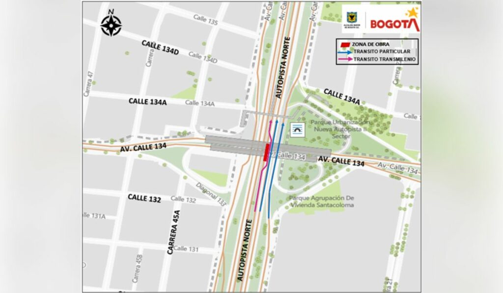Mapa de rutas alternas por cierre en la Autopista Norte con Avenida Calle 134 - Foto: Secretaría de Movilidad.