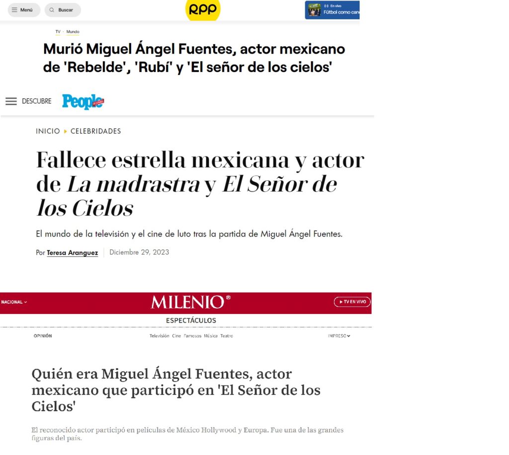 Capturas de pantalla de los titulares de People, RPP y Milenio sobre muerte de actor Miguel Ángel Fuentes.