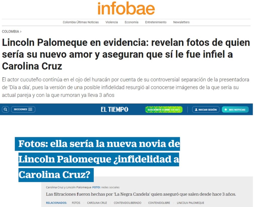 Titulares de Infobae y El Tiempo sobre supuesta infidelidad de Lincoln Palomeque | Capturas de pantalla Infobae y El Tiempo.
