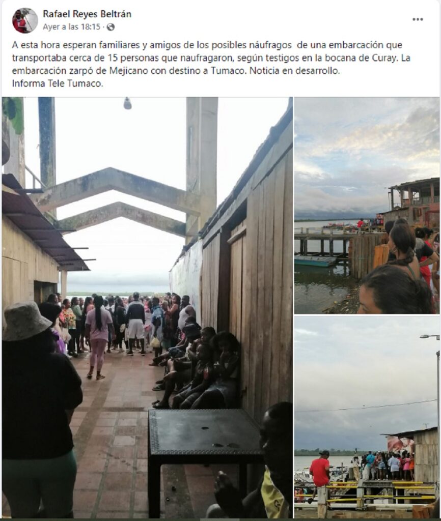 Publicación en la que reportan el naufragio de una embarcación en Tumaco | Nariño