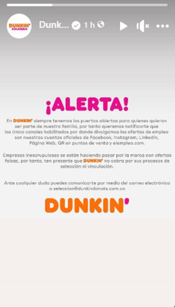 Comunicado Dunkin Donuts sobre estafas. / Instagram @dunkincolombia