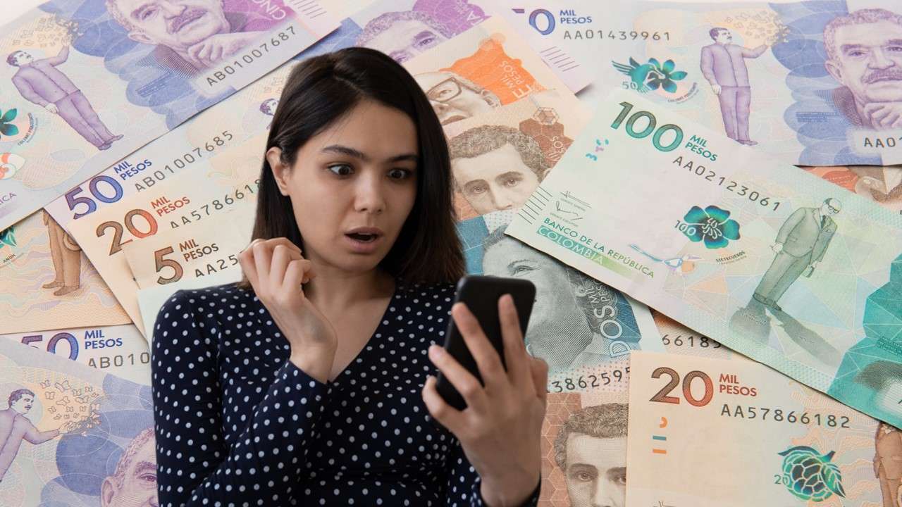 Fotos de dinero colombiano y mujer sorprendida, en nota de réditos en Bancolombia, Davivienda y más y que explican si se deben renegociar por tasa de interés