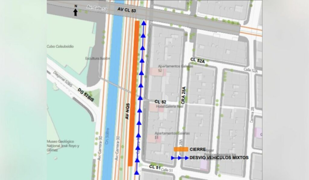 Mapa de rutas alternas ante el cierre en la Av. NQS con calle 51 y Av. Calle 53 - Foto Secretaría Distrital de Movilidad