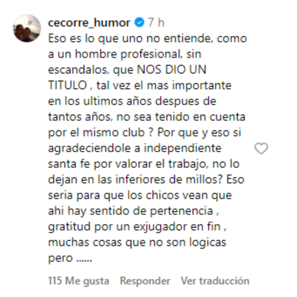 Crítica de César Corredor a directivas de Millonarios por Luis Delgado/Foto: Instagram @cecorre_humor