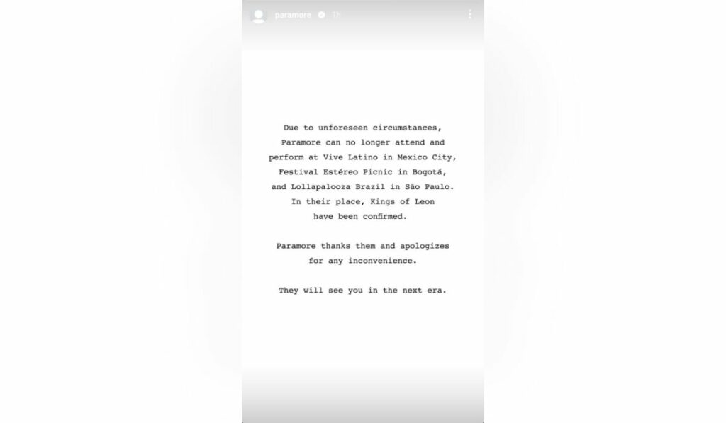 Comunicado oficial de Paramore en sus historias de Instagram - Foto redes sociales (@stupidandbitchy en X)