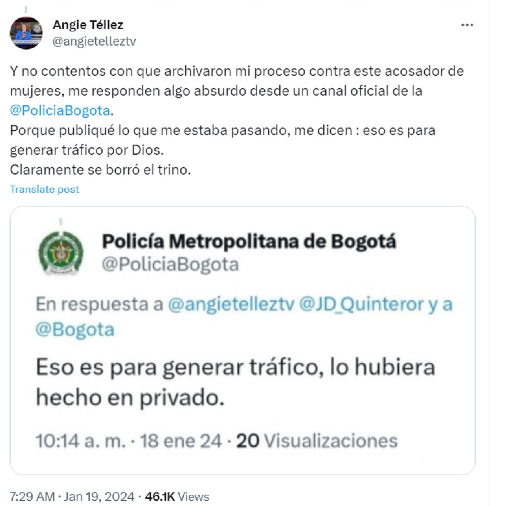 Esta fue la respuesta que recibió Angie Ruiz, periodista de Citytv acosada, de la cuenta de Twitter de la Policía Metropolitana de Bogotá. La institución expulsó al autor del trino | Twitter @angieruiztv