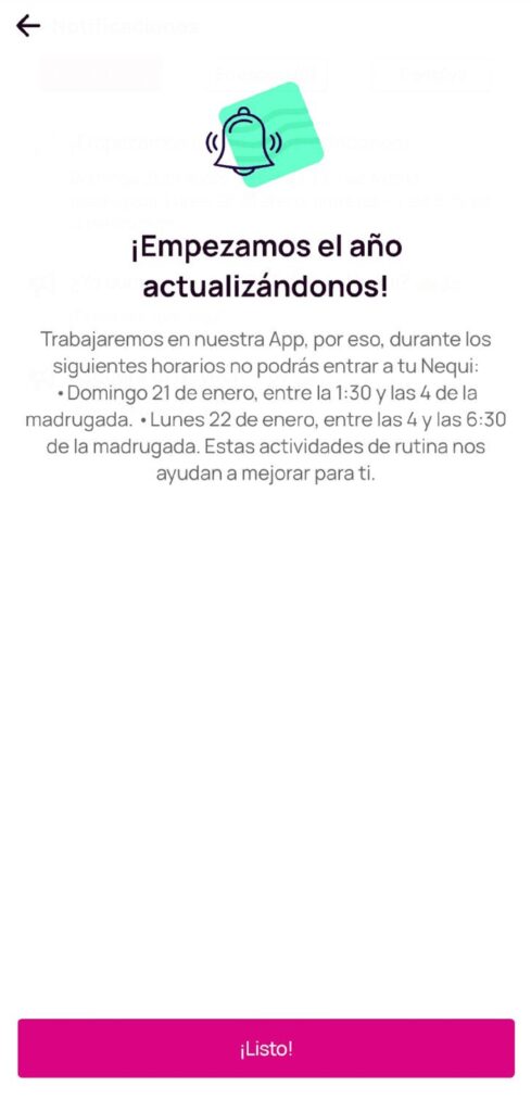 Así anunció Nequi el mantenimiento que hizo. Foto: Nequi.