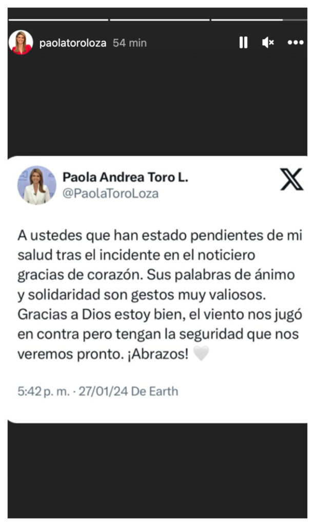 Paola Toro envió mensaje luego de accidente en Noticias RCN/Instagram @paolatoroloza