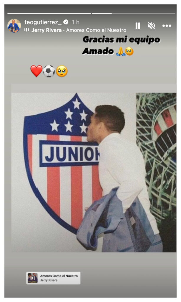 Teófilo Gutiérrez reaccionó besando escudo de Junior/Foto: Instagram @teogutierrez_