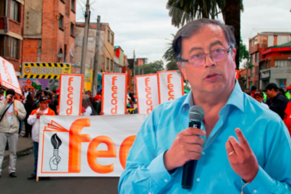 Foto de Gustavo Petro y banderas de Fecode, por aporte a su campaña de 500 millones de pesos