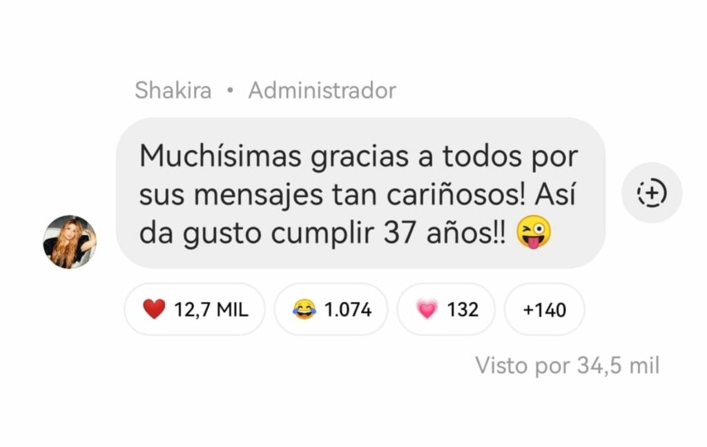 Pantallazo del mensaje de agradecimiento de Shakira a sus fans por su cumpleaños.