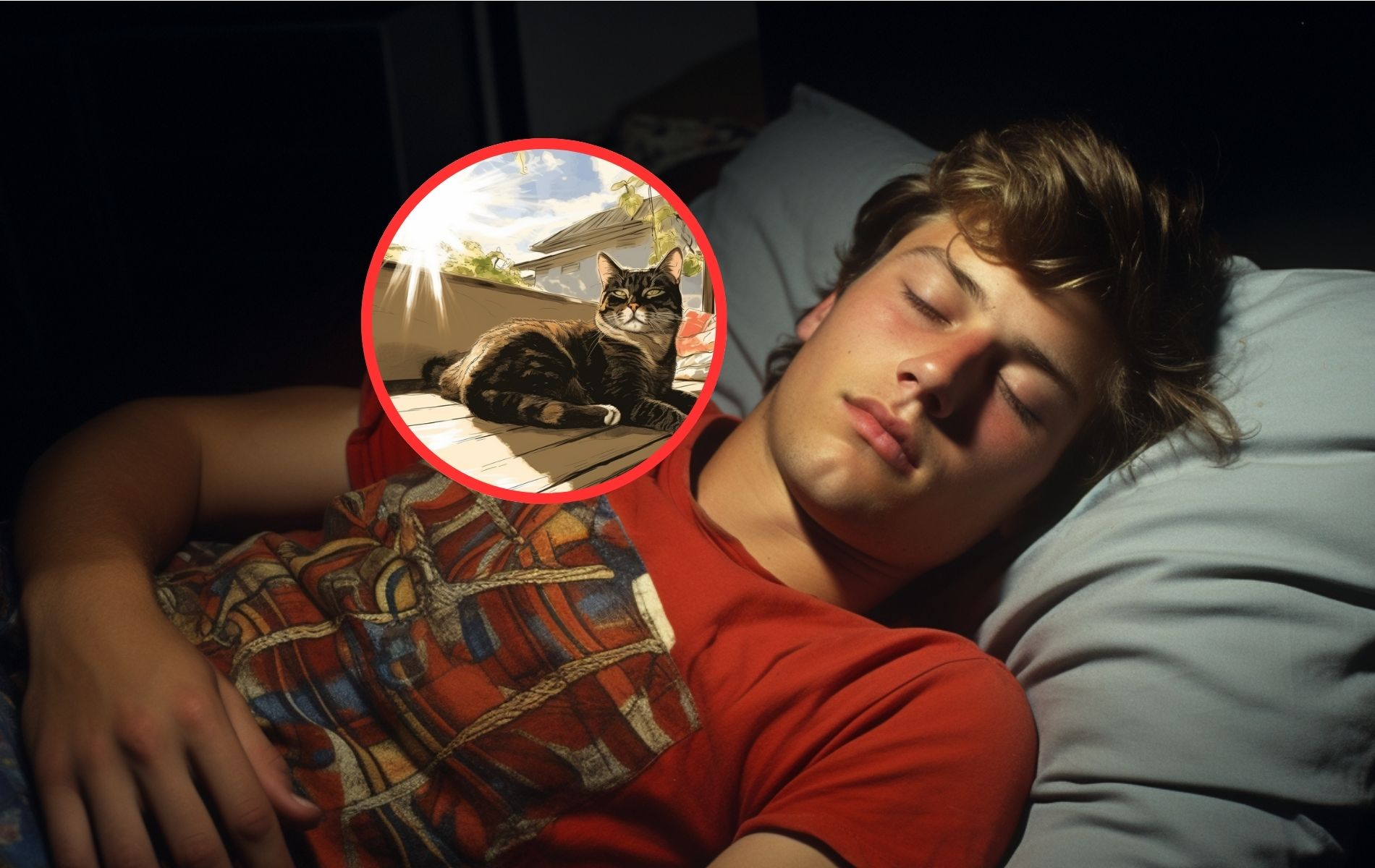 Hombre soñando con gatos en su cama, significado y números de lotería para jugar.