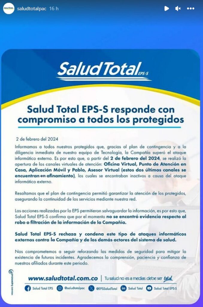 Comunicado de Salud Total luego del ciberataque de los últimos días. Foto: Salud Total.