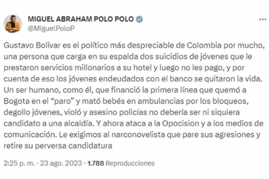 Corte Suprema investigará a Polo Polo por calumnia e injuria a Gustavo Bolívar / captura de pantalla X @MiguelPoloP