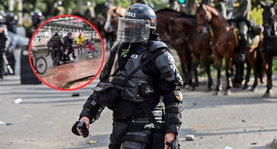 Momento en el que un agente del Esmad pateó en el rostro a una mujer manifestante durante el paro nacional de 20219. El uniformado fue sancionado