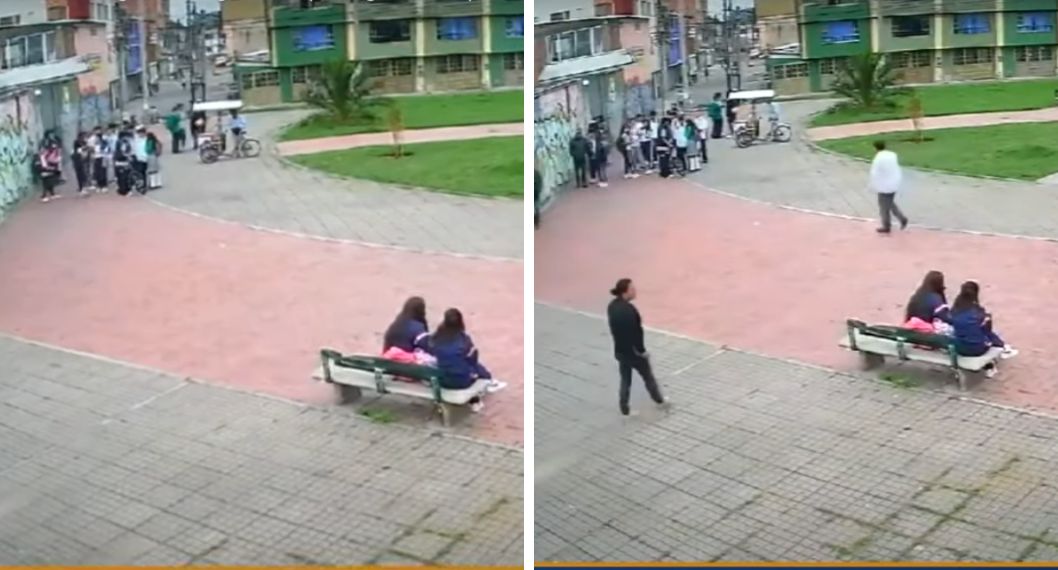 Momento en el que unos estudiantes pelean frente a un colegio de Bogotá y familiares se meten