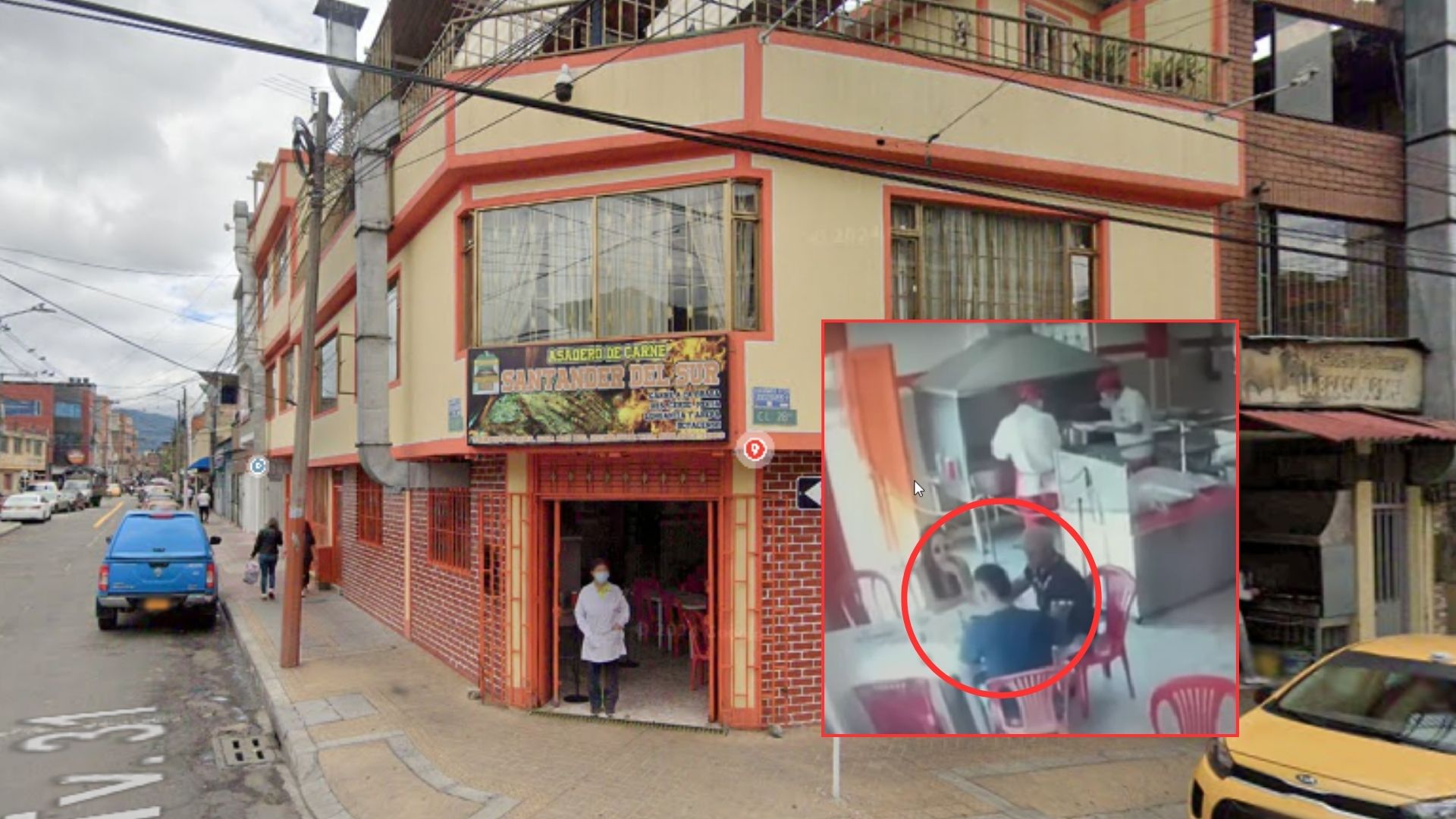 Imagen del restaurante y captura del video donde se ve a policía confrontando delincuentes.