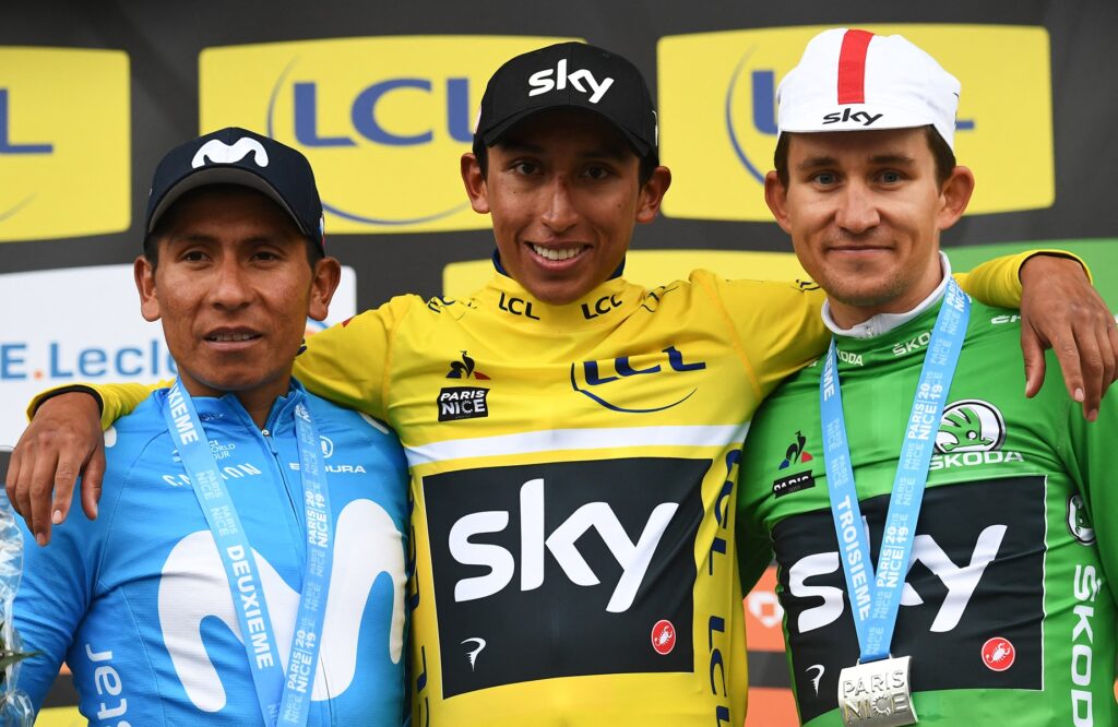 Egan Bernal y Nairo Quintana en el podio de la París-Niza 2019. / AFP