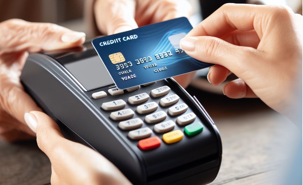 Imagen ilustrativa de un pago con tarjeta de crédito mediante datáfono.
