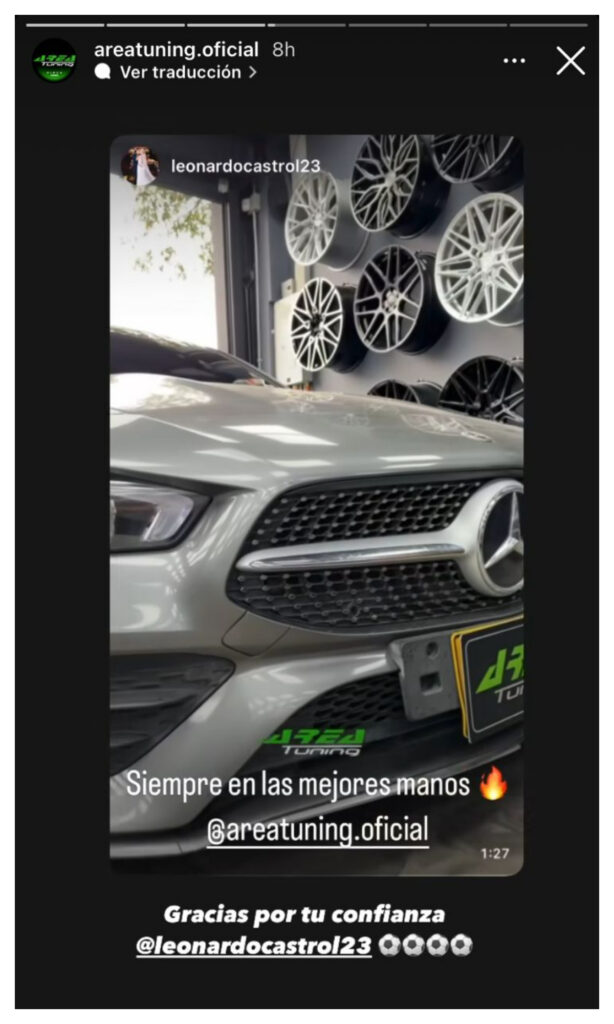 Leonardo Castro, de Millonarios, presumió carro Mercedes-Benz A180;/Foto: Instagram @leonardocastrol23.