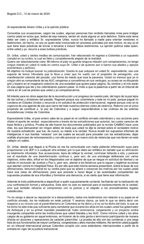 Carta Mancuso contra Álvaro Uribe.