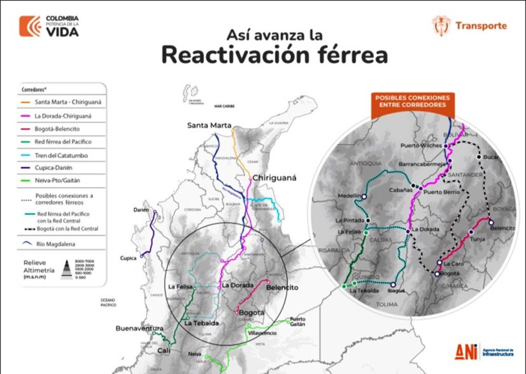Mapa corredores férreos de Colombia / Twitter: @MinTransporteCo