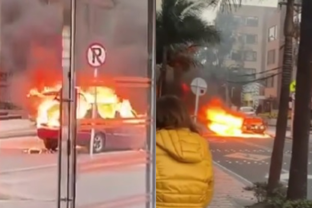 El carro incendiado en el norte de Bogotá la tarde del 19 de marzo de 2024.