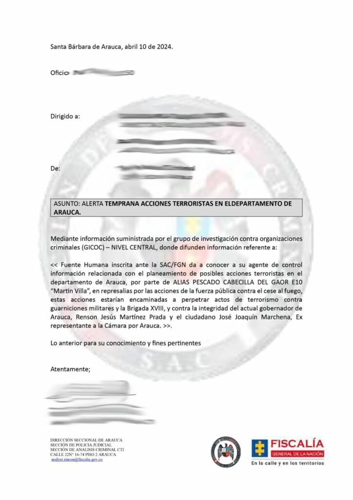 Comunicado del Eln amenazando al gobernador de Arauca.