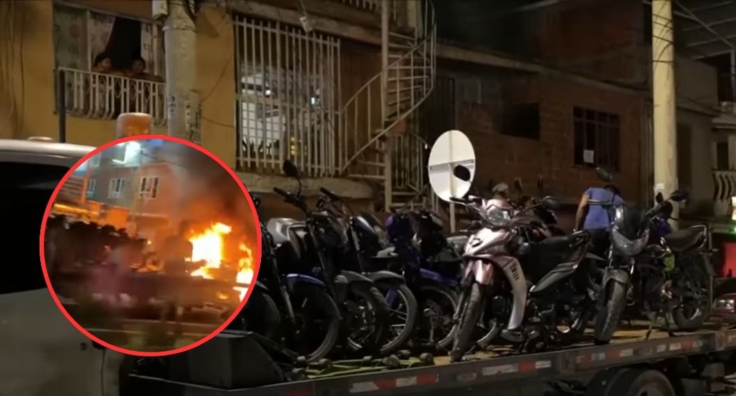 Momento en el que un hombre le prende fuego a su moto que estaba sobre una grúa, en Cali