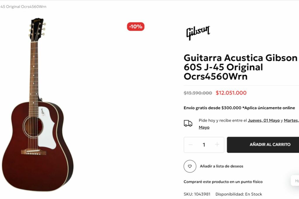 Guitarras Gibson de Andrés Cepeda: cuánto cuestan y cuánta plata perdió / captura de pantalla portal tmsmusic.co