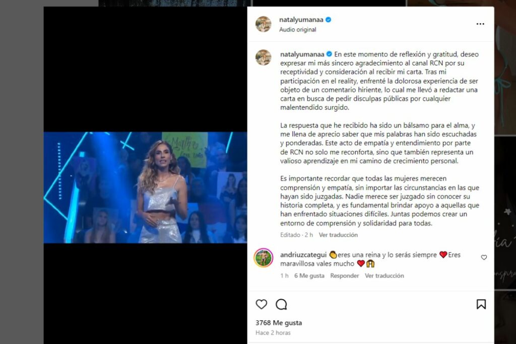 RCN se disculpó con Nataly Umaña porque Wendy Guevara se la trató mal en vivo / captura de pantalla instagram natalyumanaa