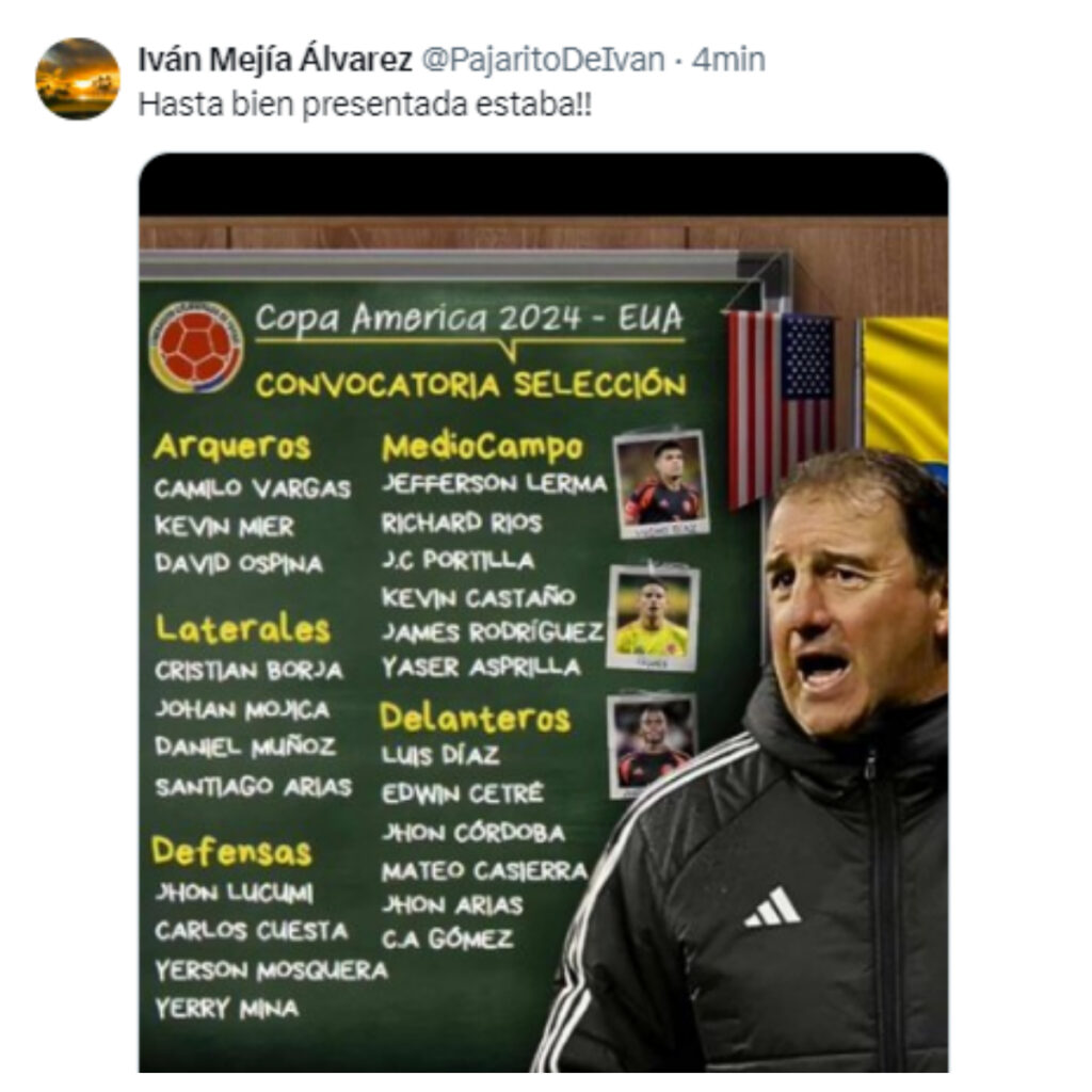 Iván Mejía compartió foto de falsa convocatoria de Selección Colombia/Foto: X @PajaritoDeIvan