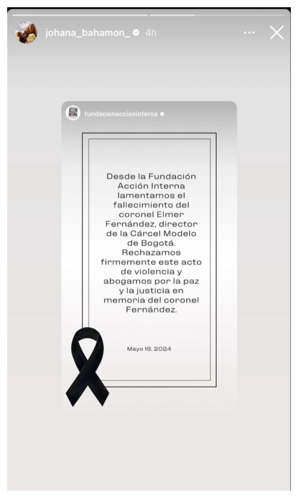 Johana Bahamón reaccionó a muerte del director de La Modelo/Foto: redes sociales.